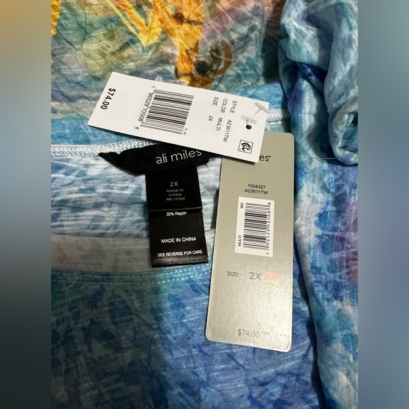 NWT Ali Miles Burn Out Crinkle Knit Plus Sz 3/4 Sleeve Hi-Low Hem Printed Tunic - Picture 8 of 9